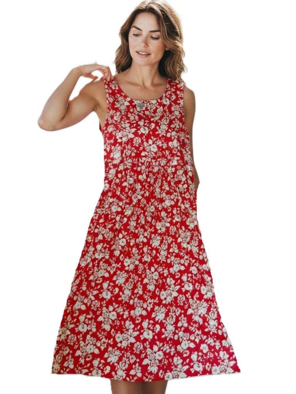 New Vintage Laura Ashley Size 14 sleeveless Maxi Dress 100% Cotton Red Floral